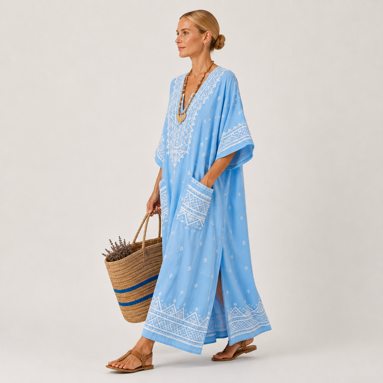 Sky Blue ethnic print kaftan dress Lina by Vesse — view 3