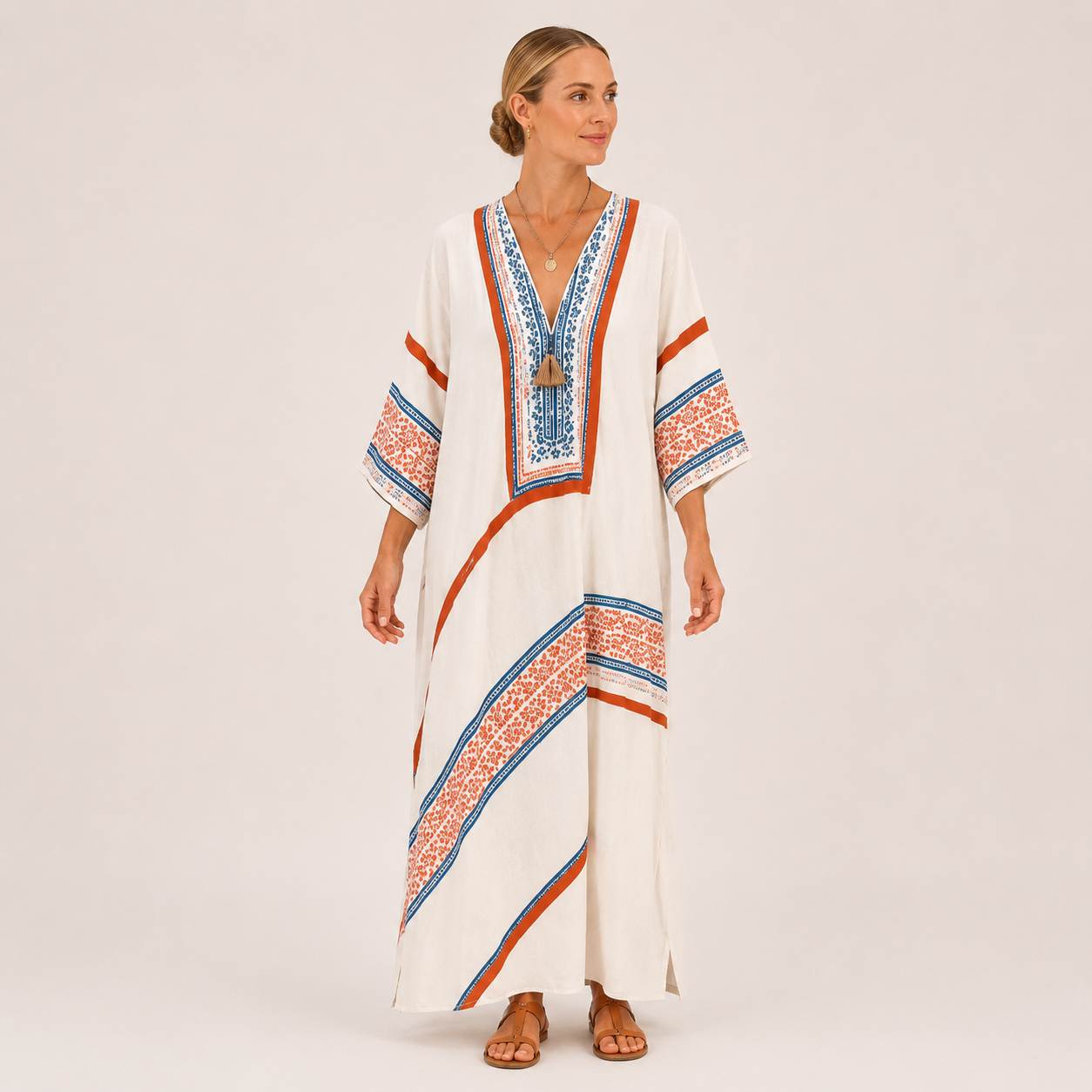 White ethnic print kaftan dress Amira by Vesse