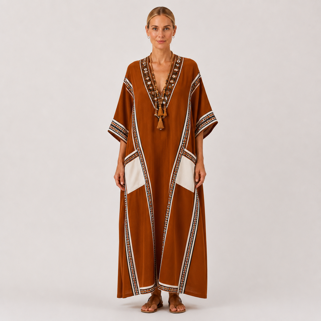 Terracotta ethnic print kaftan dress Nadia by Vesse