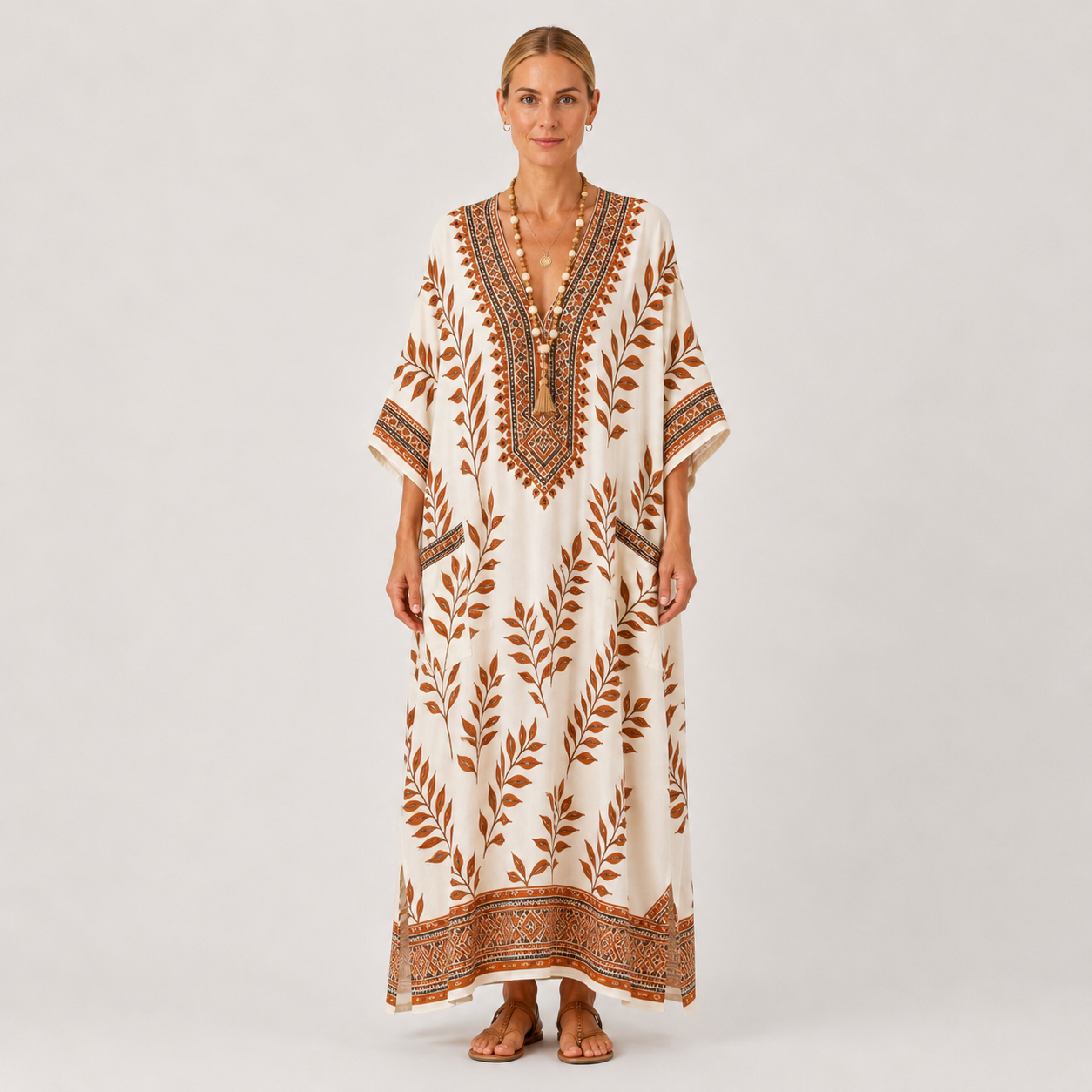 Cream botanical print kaftan dress Nora by Vesse