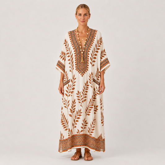 Cream botanical print kaftan dress Nora by Vesse