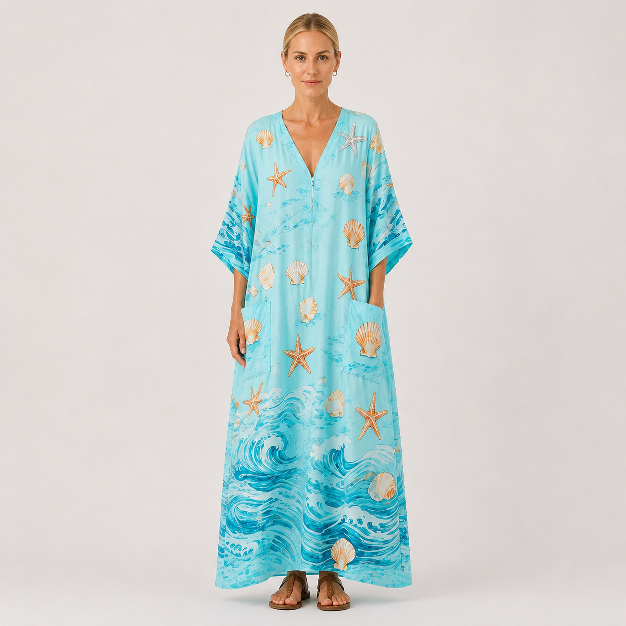 Turquoise & Navy print kaftan dress Lucia by Vesse