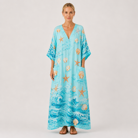 Turquoise & Navy print kaftan dress Lucia by Vesse