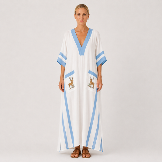 White & Blue striped kaftan dress Alba by Vesse