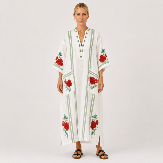 White rose print kaftan dress Elena by Vesse