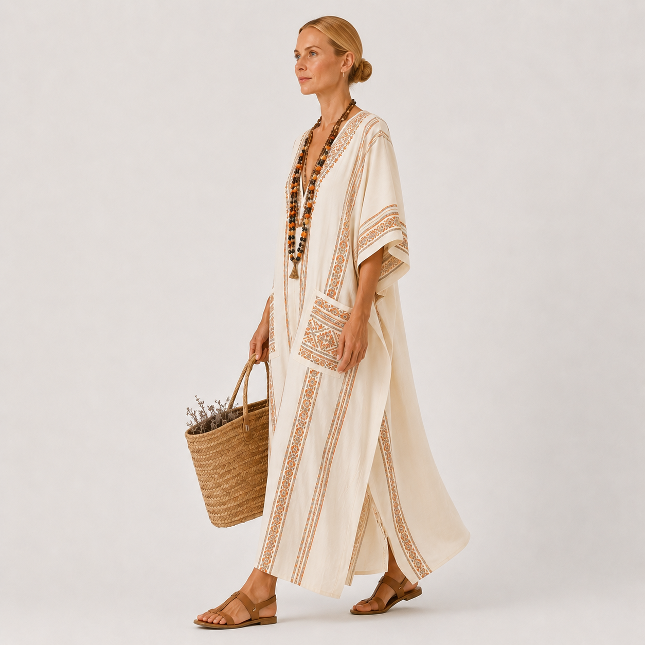 Beige ethnic print kaftan dress Dalia by Vesse — view 3
