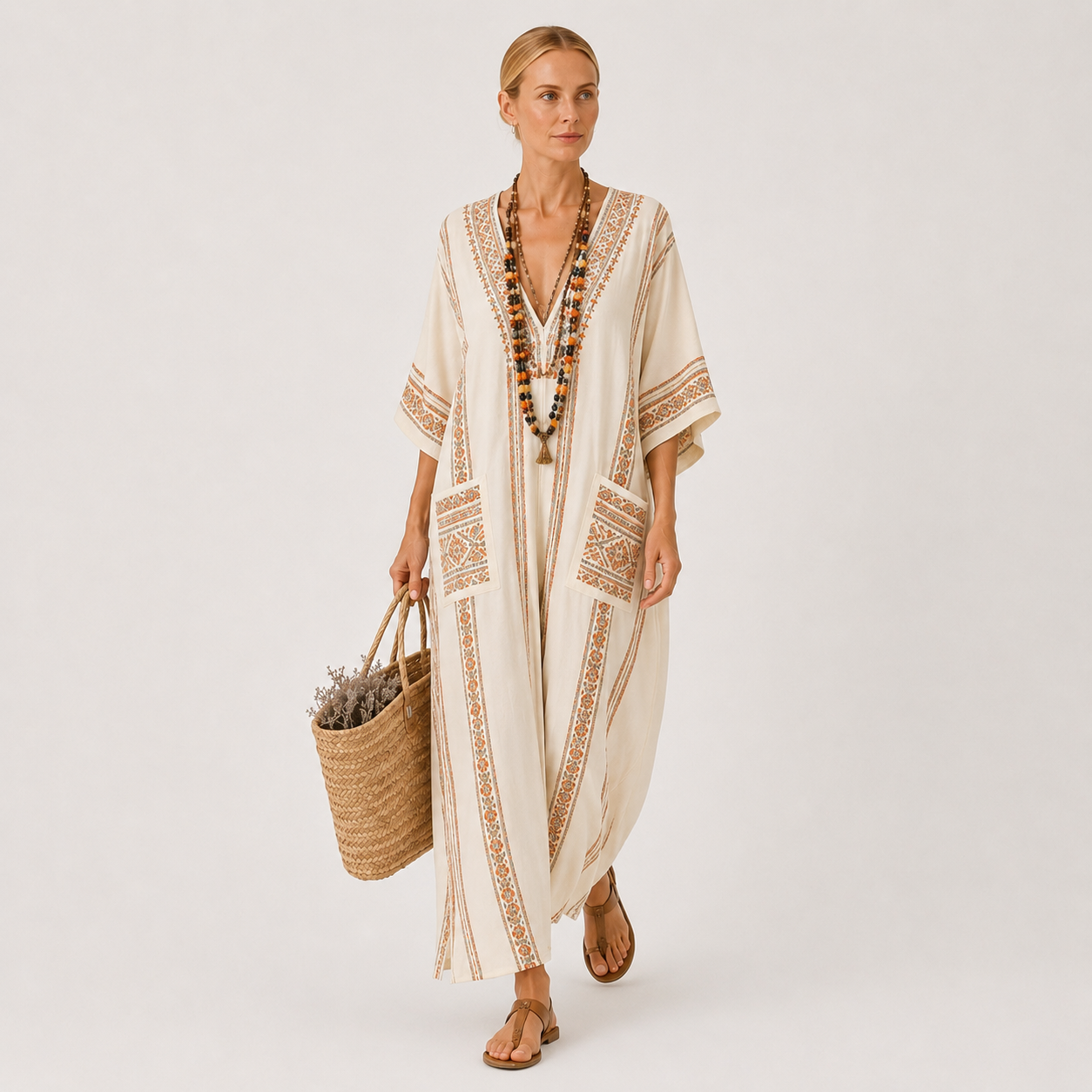 Beige ethnic print kaftan dress Dalia by Vesse — view 2
