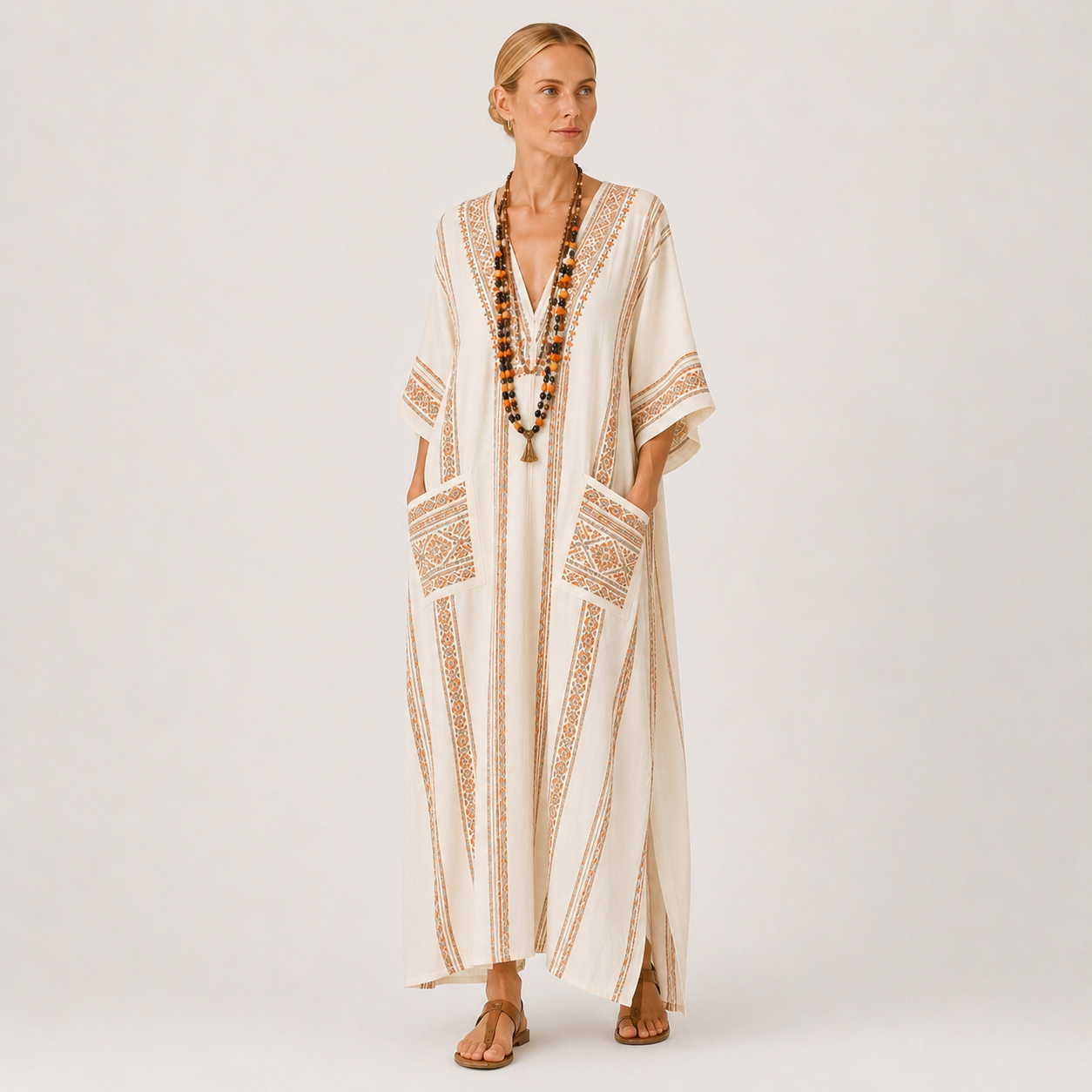 Beige ethnic print kaftan dress Dalia by Vesse