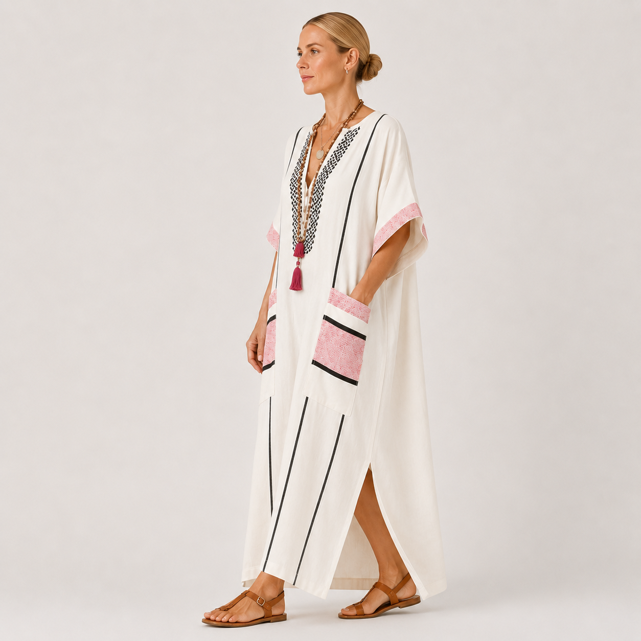 Ecru striped kaftan dress Adara by Vesse — view 2