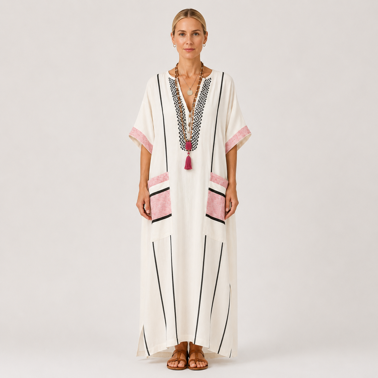 Ecru striped kaftan dress Adara by Vesse