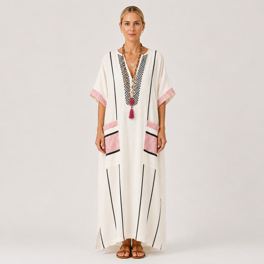 Ecru striped kaftan dress Adara by Vesse