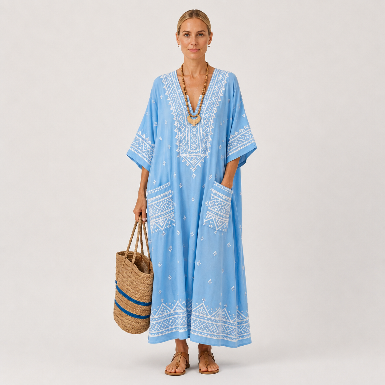 Sky Blue ethnic print kaftan dress Lina by Vesse — view 2