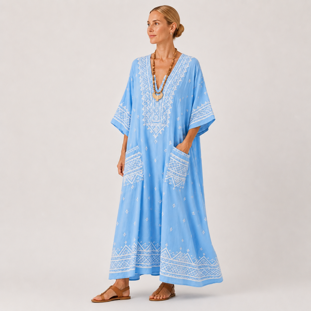 Sky Blue ethnic print kaftan dress Lina by Vesse