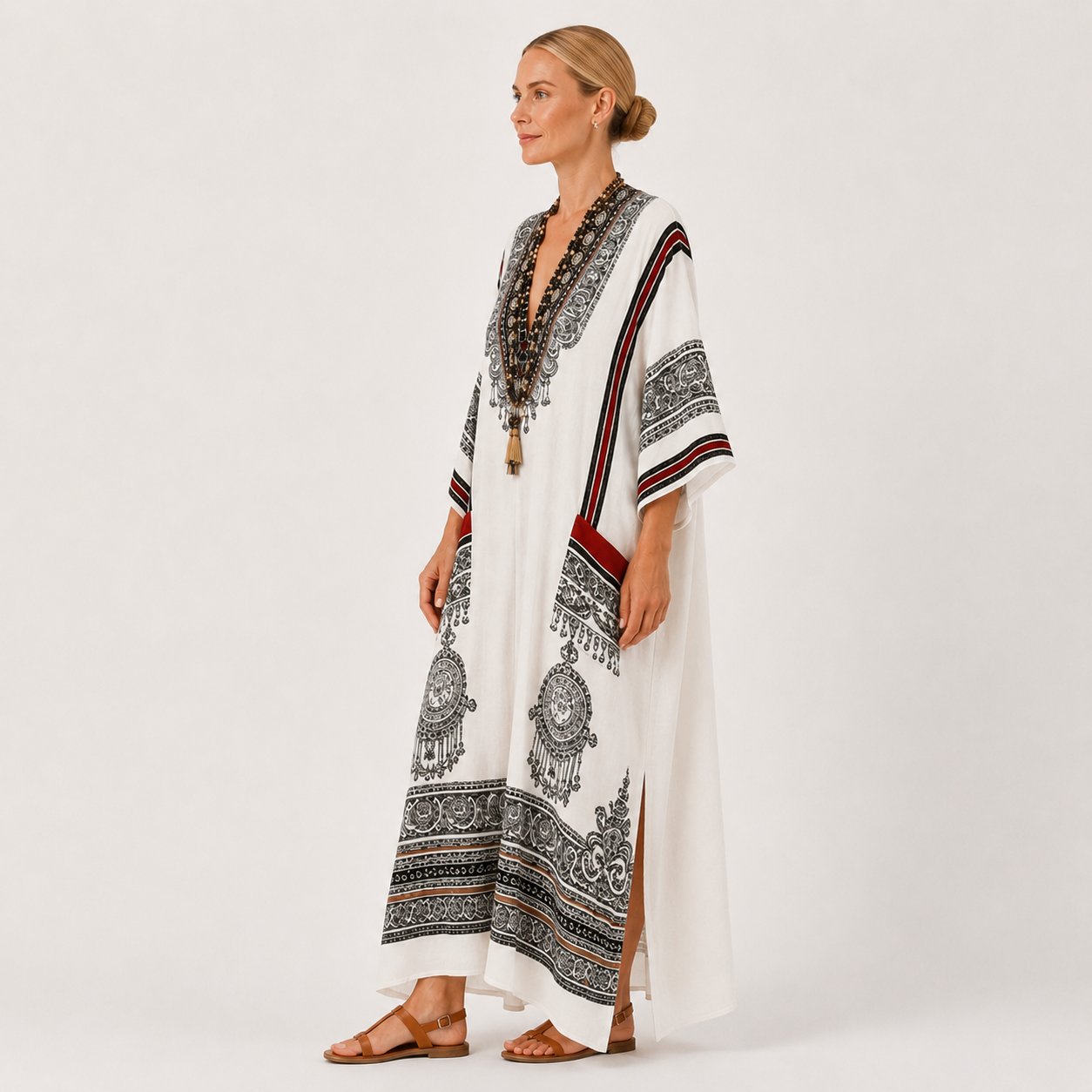 White ethnic print kaftan dress Clara by Vesse — view 2