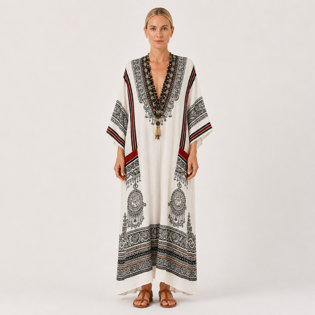 White ethnic print kaftan dress Clara by Vesse