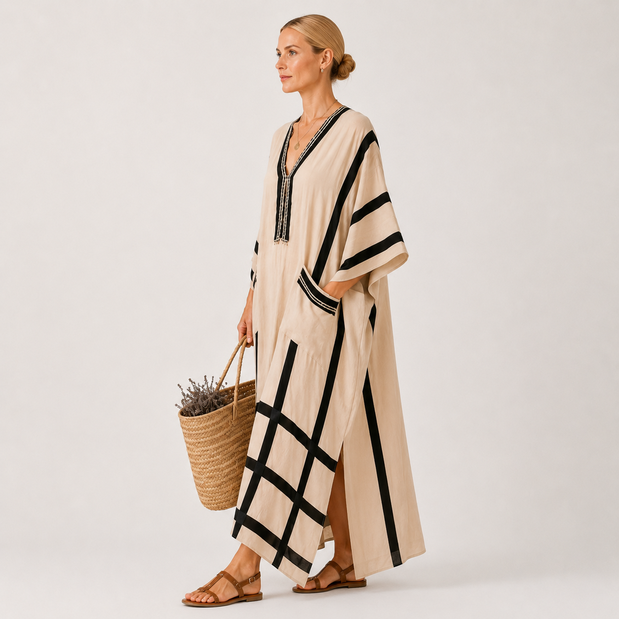Beige & Black striped kaftan dress Salma by Vesse — view 3