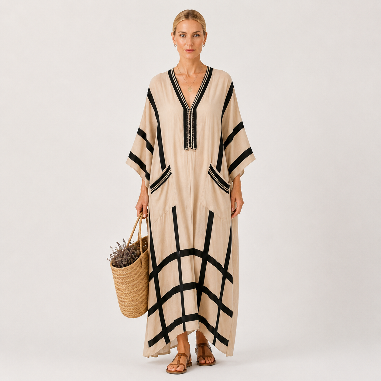 Beige & Black striped kaftan dress Salma by Vesse — view 2