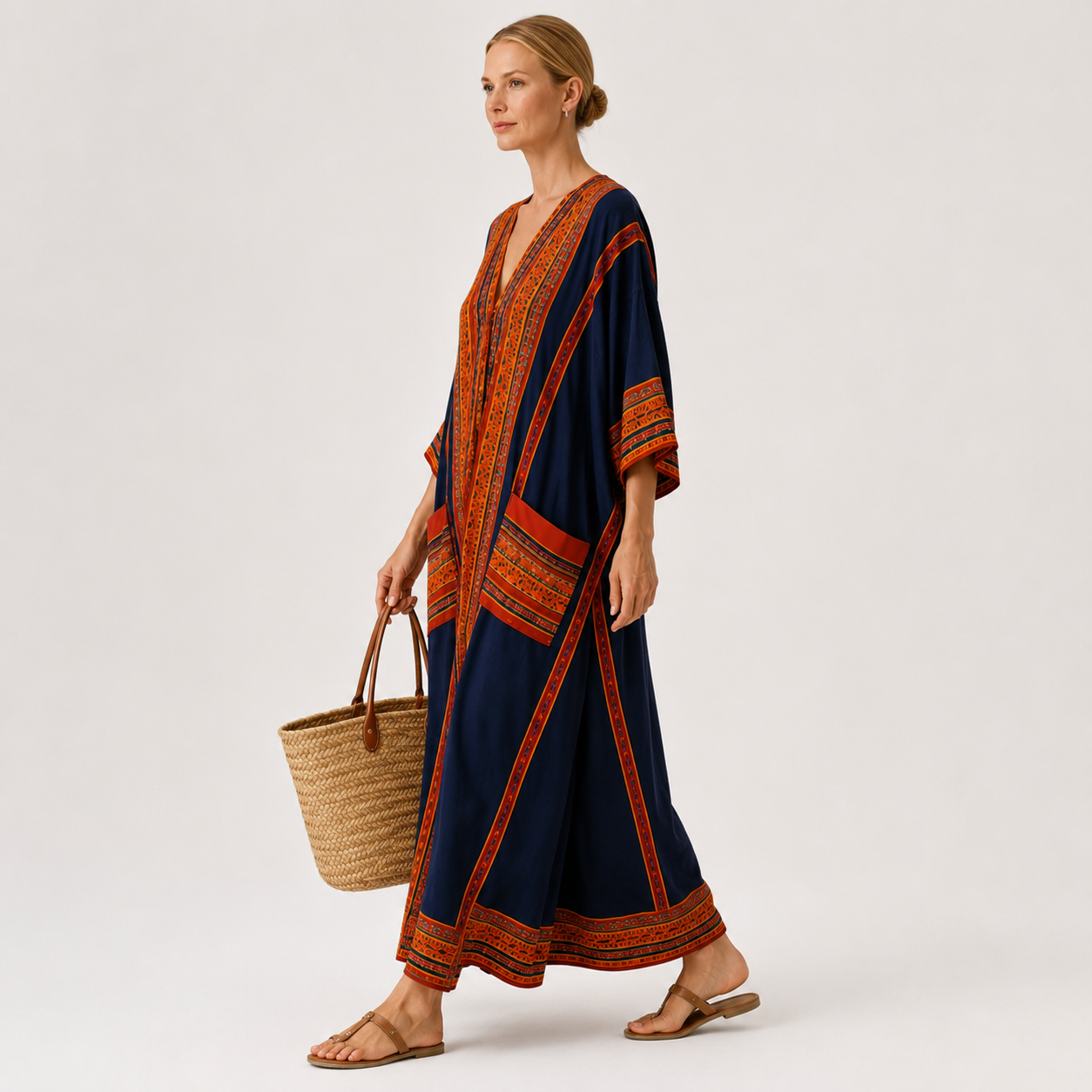 Blue ethnic print kaftan dress Samira by Vesse — view 3