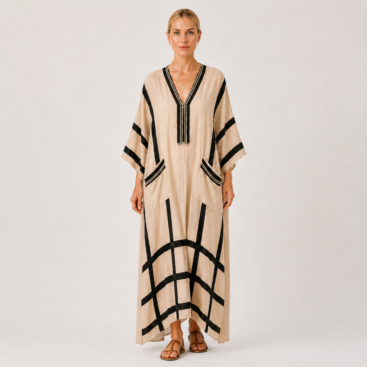 Beige & Black striped kaftan dress Salma by Vesse