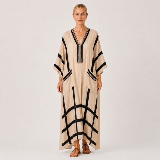 Beige & Black striped kaftan dress Salma by Vesse