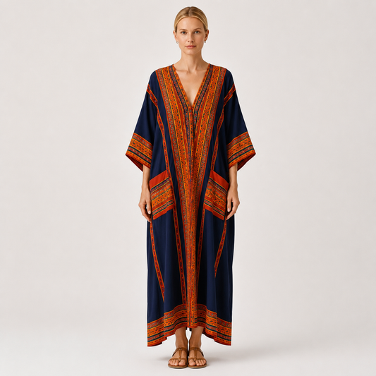 Blue ethnic print kaftan dress Samira by Vesse