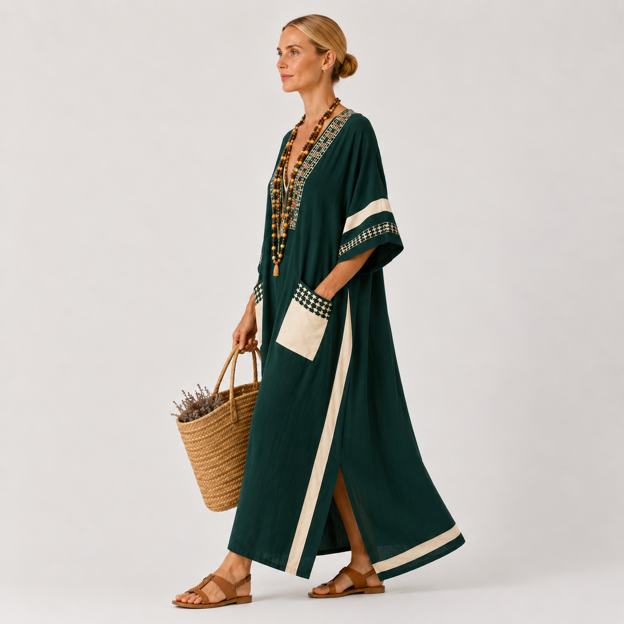 Green ethnic print kaftan dress Noor by Vesse — view 3