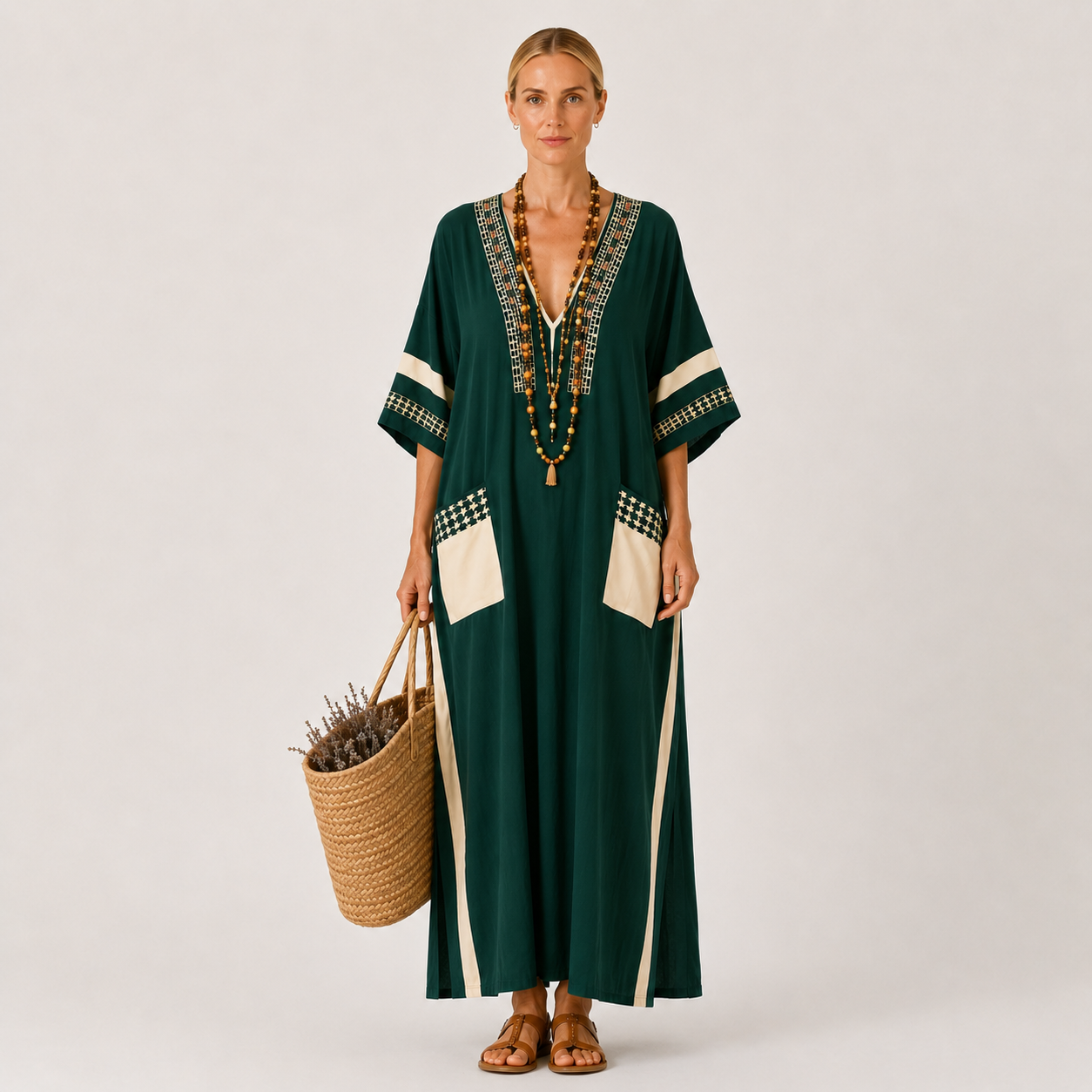 Green ethnic print kaftan dress Noor by Vesse — view 2
