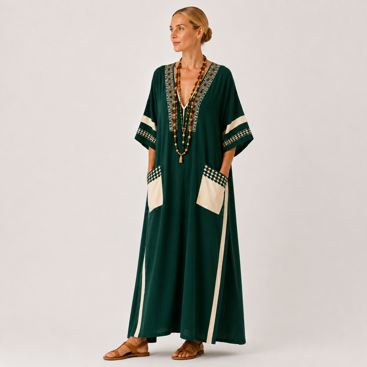 Green ethnic print kaftan dress Noor by Vesse