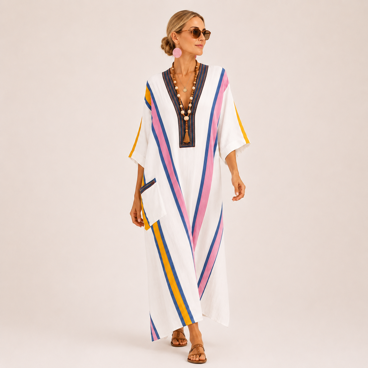 White multicolour print kaftan dress Sara by Vesse