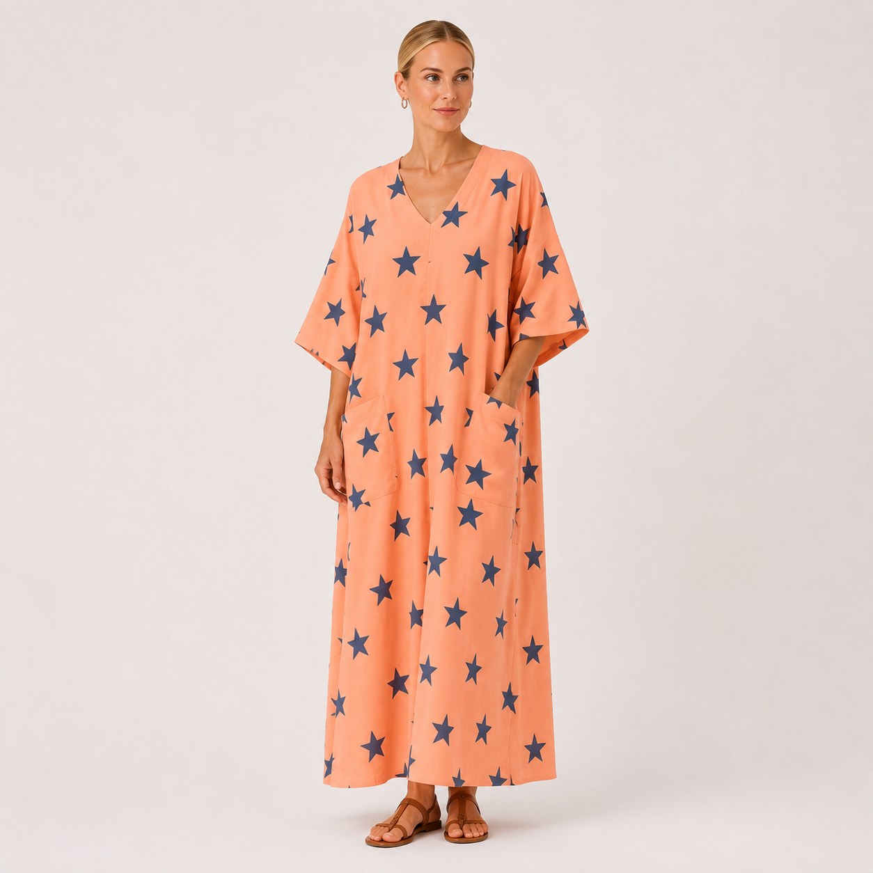 Coral star print kaftan dress Selma by Vesse